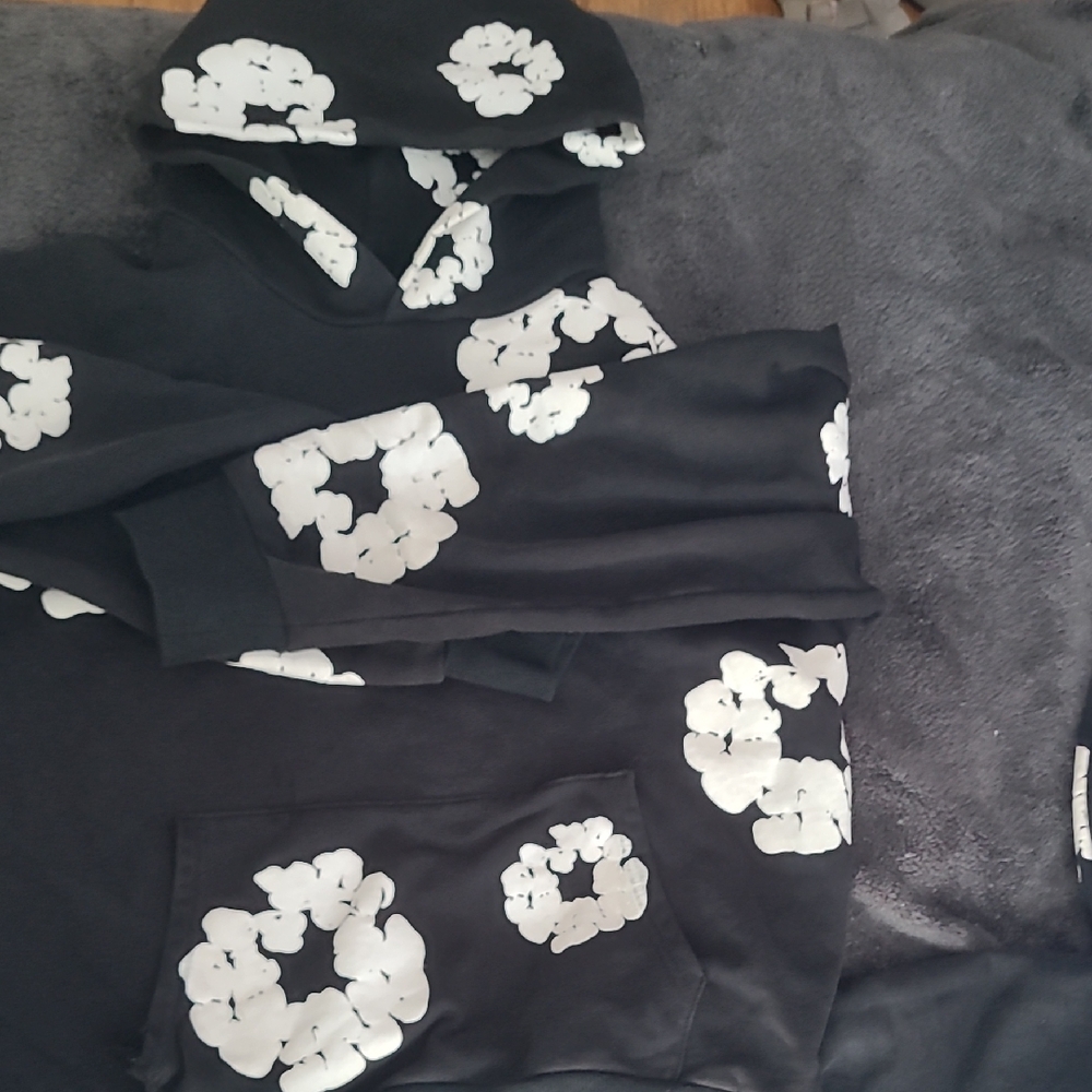 Black Hoodie with White Floral Puff Print